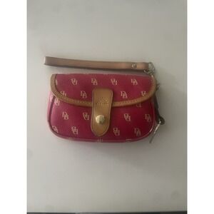 Dooney & Bourke Pink Y2K Monogram Canvas Wristlet Heart Charm Brown Leather